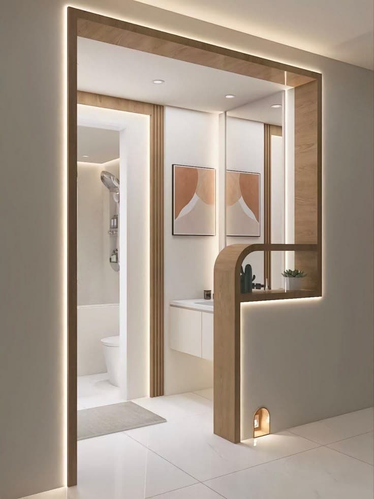 A modern bathroom with clean lines, elegant fixtures, and a soothing, spa-like ambiance.