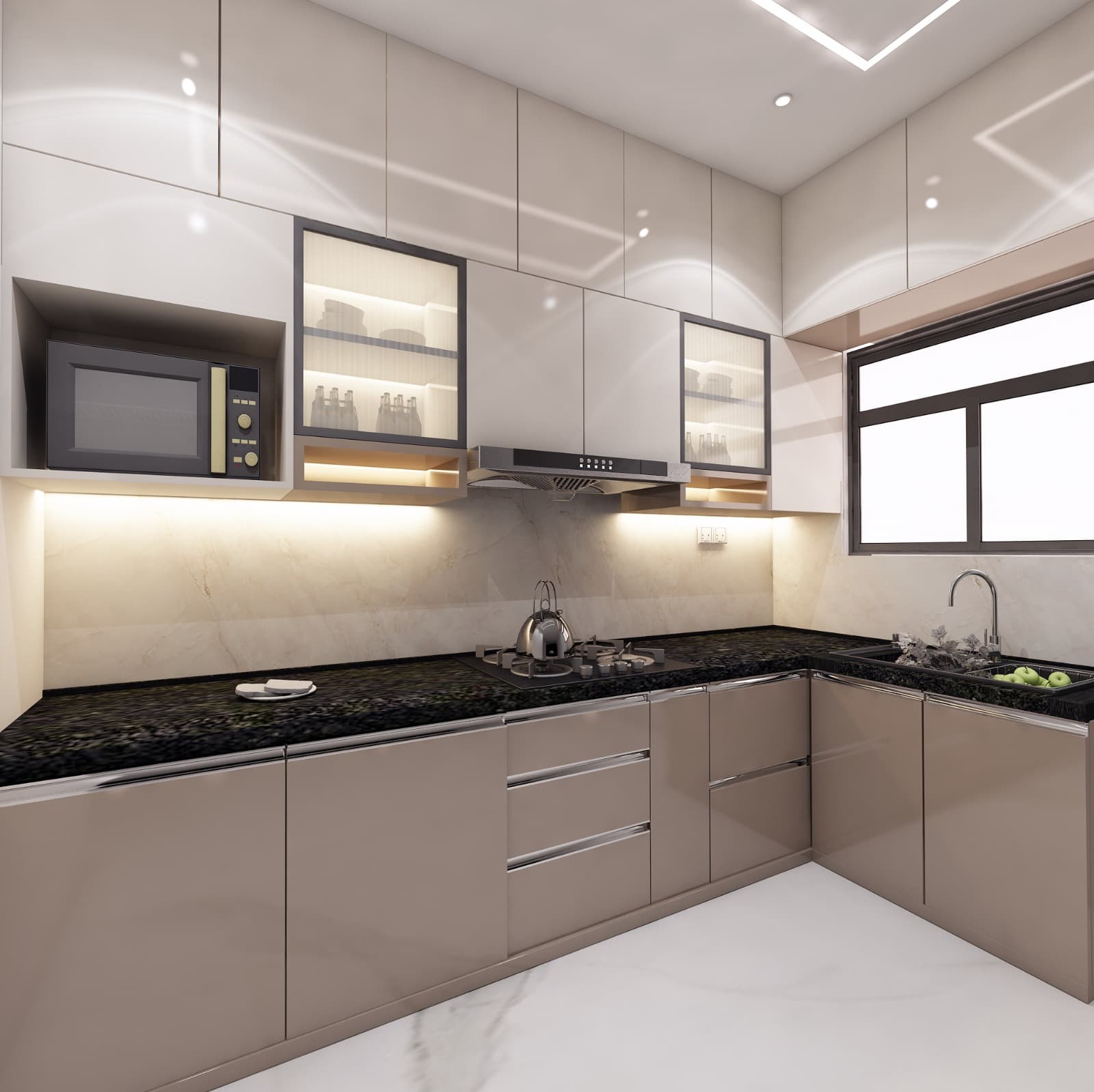A modern kitchen with sleek drawers, smart storage solutions, and a clean, functional layout.