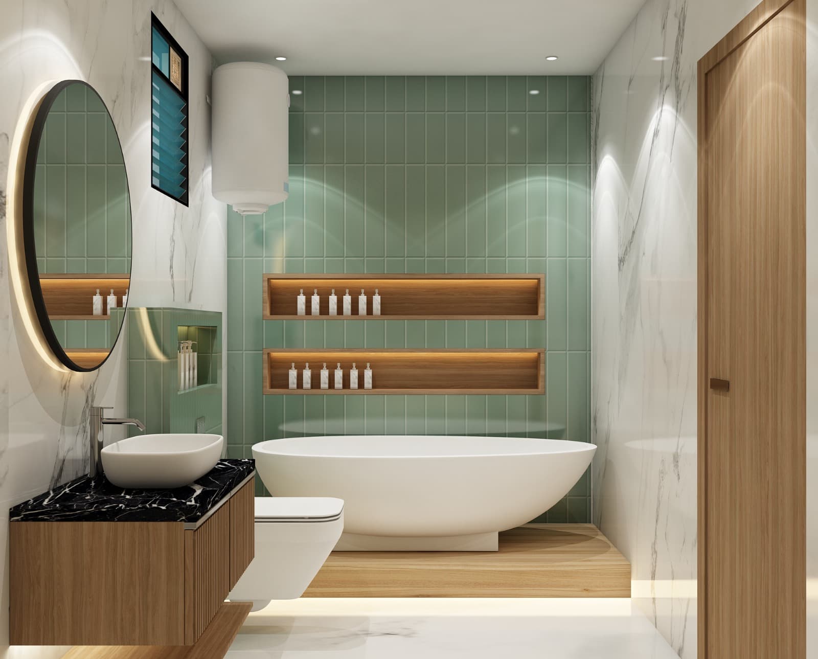 A serene bathroom featuring a sleek bathtub, soft lighting, and modern finishes for a luxurious, spa-like retreat.