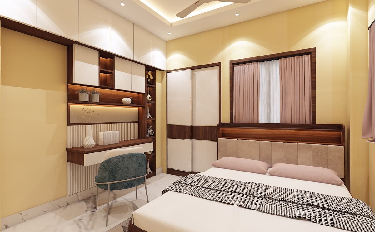 A cozy bedroom with an integrated study nook, blending comfort and functionality in a serene, well-lit setting.