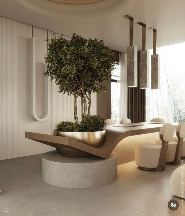 Modern, sculptural dining space blending organic elements with futuristic design