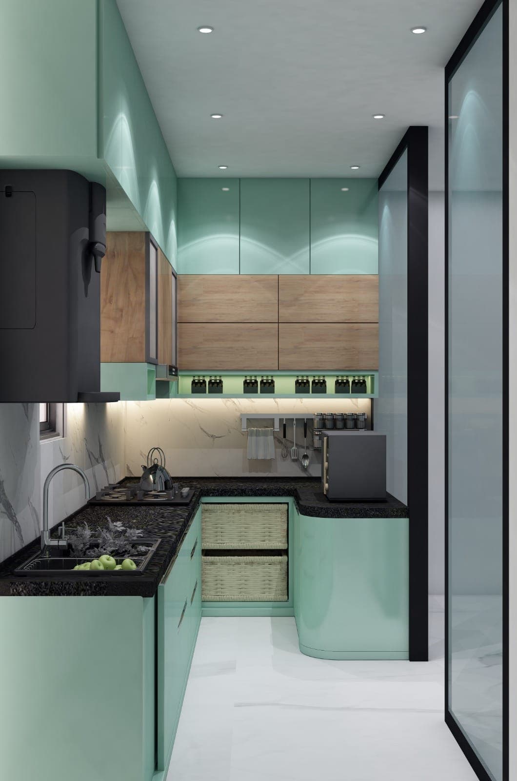 A vibrant green kitchen with earthy tones, natural finishes, and a fresh, eco-inspired design.