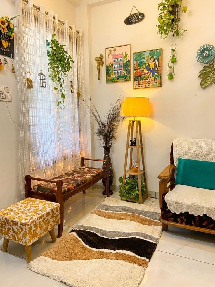 An aesthetic living room with curated decor, soft neutrals, and a harmonious blend of textures for a calm, stylish vibe.